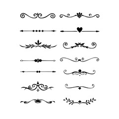 Fototapeta premium Vector dividers calligraphic line element.Set of Black Hand Drawn Rustic Doodle Design Elements. Decorative Floral Swirls, Scrolls, Text Frames, Dividers. Vintage Vector Illustration. 