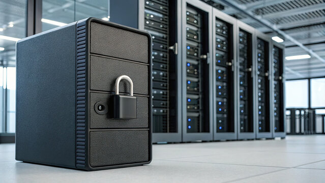 Secured server tower with padlock in modern data center, symbolizing data protection and cybersecurity measures