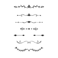 Vector dividers calligraphic line element.Set of Black Hand Drawn Rustic Doodle Design Elements. Decorative Floral Swirls, Scrolls, Text Frames, Dividers. Vintage Vector Illustration. 
