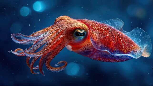 Vibrant vampire squid spreading its webbed arms against a softly blurred inky ocean backdrop