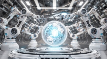Futuristic industrial scene with two white robotic arms extending towards a glowing blue-white energy sphere, intricate neural network patterns, detailed mechanical hands, cool tones,