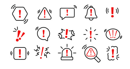 Exclamation marks inside shapes like triangles, bells, and bubbles signal alerts, warnings, and urgency.