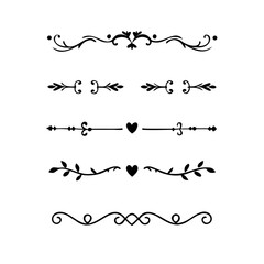 Vector dividers calligraphic line element.Set of Black Hand Drawn Rustic Doodle Design Elements. Decorative Floral Swirls, Scrolls, Text Frames, Dividers. Vintage Vector Illustration. 
