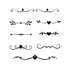 Vector dividers calligraphic line element.Set of Black Hand Drawn Rustic Doodle Design Elements. Decorative Floral Swirls, Scrolls, Text Frames, Dividers. Vintage Vector Illustration. 
