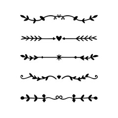 Vector dividers calligraphic line element.Set of Black Hand Drawn Rustic Doodle Design Elements. Decorative Floral Swirls, Scrolls, Text Frames, Dividers. Vintage Vector Illustration. 
