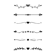 Vector dividers calligraphic line element.Set of Black Hand Drawn Rustic Doodle Design Elements. Decorative Floral Swirls, Scrolls, Text Frames, Dividers. Vintage Vector Illustration. 
