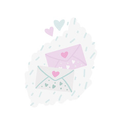 Hand-drawn romantic love letters with a hearts, icon for messages, mail or stickers, illustration in soft pastel colors.