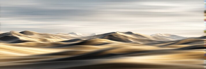Wide desert dune meeting ocean waves with softly blurred sky backdrop under warm light