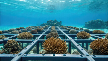 Coral restoration project with vibrant coral fragments growing on metal frame underwater, promoting marine conservation and biodiversity