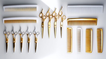 Professional hairdressing tools symmetrically arranged, showcasing precision and elegance in styling essentials.