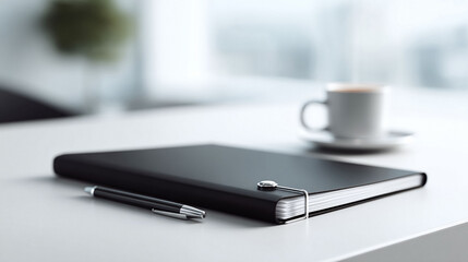 Elegant workspace scene featuring a sleek journal, pen, and coffee cup. Captures focus, creativity, and productivity. Ideal for business, lifestyle, and motivational content.