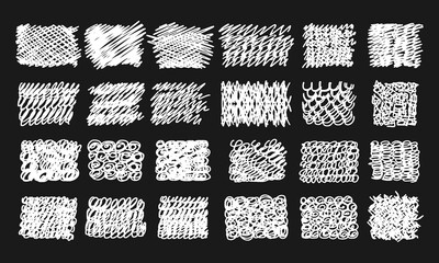 Twenty four different hand drawn textures. White doodles and squiggles on black background. Vector set