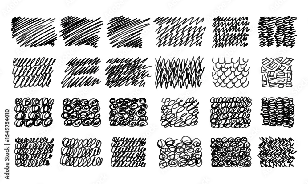 Poster twenty-four different hand-drawn textures imitating various artistic tools. doodles and squiggles. v