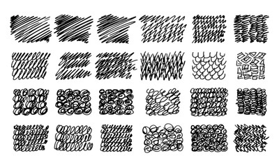 Twenty-four different hand-drawn textures imitating various artistic tools. Doodles and squiggles. Vector set