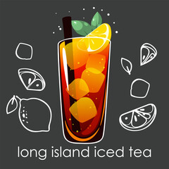 Long Island cocktail with ice on dark background. Summer refreshing drink with lemon wedge, ice cubes and mint. Vector illustration.