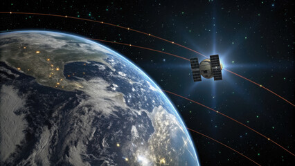 Satellite orbits Earth with glowing trails, showcasing advanced technology and space exploration in starry cosmic background