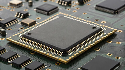Close up view of microchip on circuit board, showcasing intricate electronic components and connections, symbolizing advanced technology