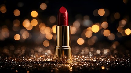 Elegant red lipstick in a golden case surrounded by a sparkling glittery background and warm lighting effects