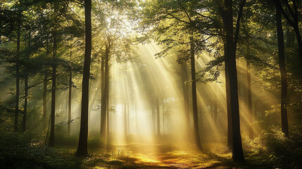 Obraz premium Sunbeams pierce through a lush green forest canopy, illuminating the misty morning air with ethereal shafts of light and revealing vibrant foliage.