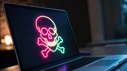 Glowing neon skull and crossbones displayed on laptop screen, symbolizing cyber threats or hacking. dark background enhances ominous mood