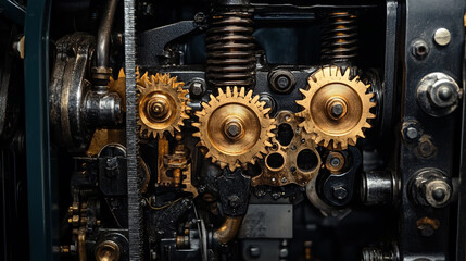 Close-Up of Intricate Gold Gears and Mechanical Components Inside a Dark Industrial Machine Engine.