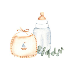 Newborn Boy Composition. Baby Bib with a boat, Bottle for milk and eucalyptus branch. Watercolor hand drawn illustration of cute Infant accessories in eco style. For invitations, Gender party, Baby