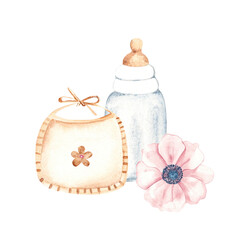 Newborn Girl Composition. Baby Bib with a flower, Bottle for milk and Anemone. Watercolor hand drawn illustration of cute Infant accessories in eco style. For invitations, Gender party, Baby shower