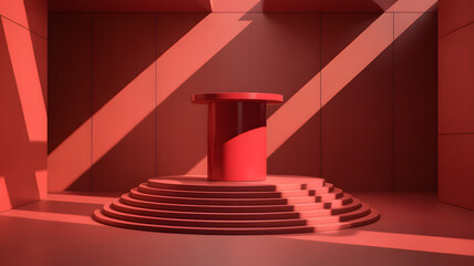 Red carpeted stairs leading up a red wall to an open door, symbolizing the way to business success