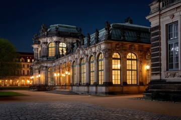 Ornate baroque building illuminated at night with arched windows and intricate stonework