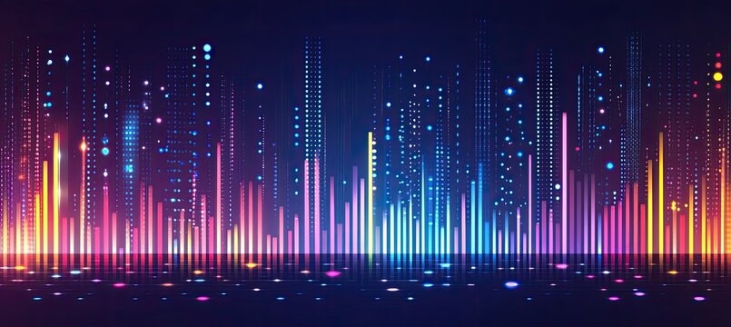 Abstract cityscape with vibrant, colorful audio waveforms - Powered by Adobe