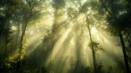 Obraz premium Sunbeams pierce through a lush green forest canopy, illuminating the misty morning air with ethereal shafts of light and revealing vibrant foliage.