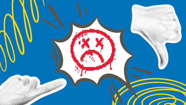 Bad mood contemporary composite collage. Index finger pointing to sad smiley face in pixel art style, which is in speech bubble. Hand with thumb down halftone. Banner vector graphic