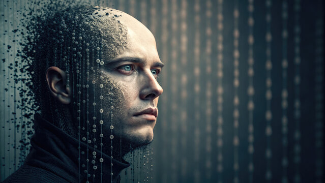 Futuristic portrait of man with digital and fragmented face, symbolizing fusion of humanity and technology in cybernetic world
