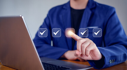 Businessman mark checkboxes, Survey form, check marks on checklist,Checklist concept.