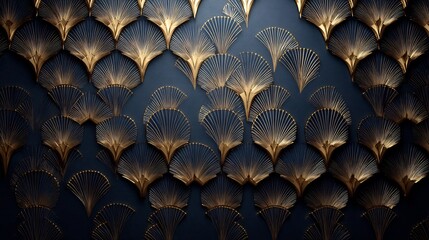 Fototapeta premium Elegant art deco pattern with golden fans on a dark navy blue background