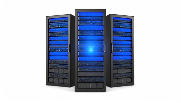 Three Server Racks with Blue Lights Emanating from the Interior on White Background - Powered by Adobe