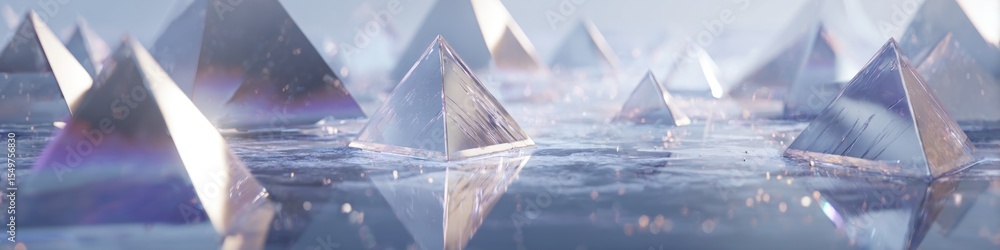 Poster a panoramic view of a landscape filled with translucent pyramids and soft light reflections on the s