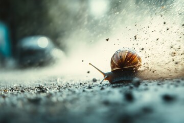 A snail on a street after rain, surrounded by mud and debris.