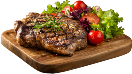  Rib eye steak with herbs on a wooden board with salad, grilled prime beef meat
