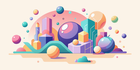 Abstract geometric composition with colorful spheres and building shapes