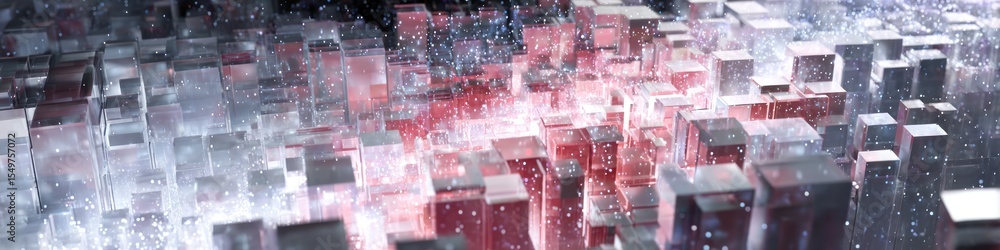 Poster an abstract landscape of translucent cubes with red and white highlights and sparkling particles aro