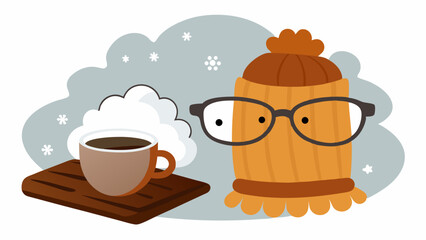 Cozy winter scene with a steaming cup of coffee and a character wearing glasses and a hat