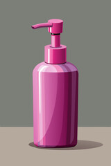 A glossy pink pump bottle stands on a neutral surface against a gray background