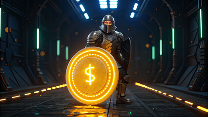Futuristic knight metallic armor stands neon lit corridor, holding glowing shield with dollar sign, symbolizing financial security and protection
