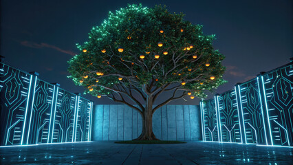 Glowing tree with illuminated fruits stands futuristic courtyard surrounded by high tech walls with neon blue circuit patterns, creating surreal