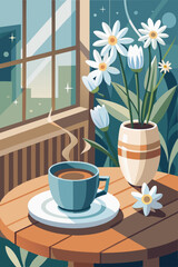 Cozy morning coffee and flowers by the window with steaming cup