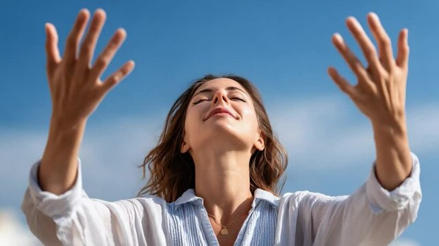 Embracing Freedom: A woman revels in the open air, arms outstretched against a backdrop of limitless sky, capturing the essence of freedom and serenity.