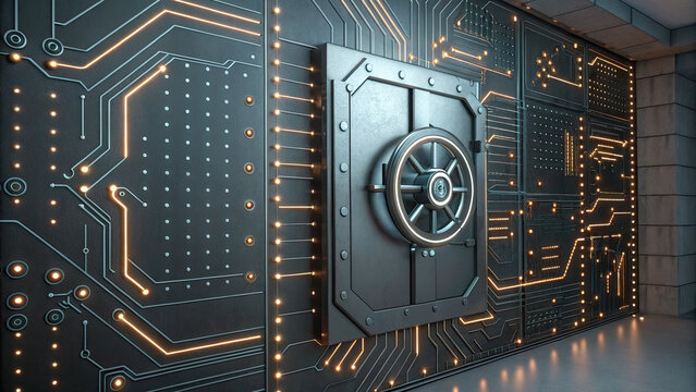 Futuristic vault door embedded in glowing circuit board wall, symbolizing advanced security and technology