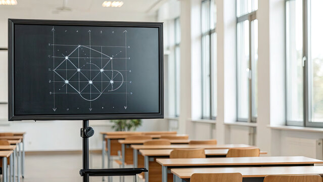 Modern classroom with wooden desks and chairs, featuring blackboard stand displaying geometric diagrams and equations. Bright natural light fills