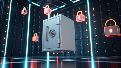 Secure vault floating in futuristic digital environment with glowing padlocks symbolizing data protection and cybersecurity